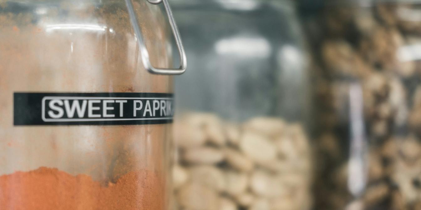 Long-grain rice stored in sealed pantry containers